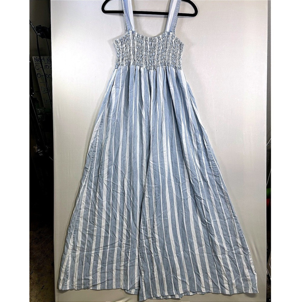 Ultra Wide Leg Smocked Blue White Striped Jumpsuit Size 10/30 Tall